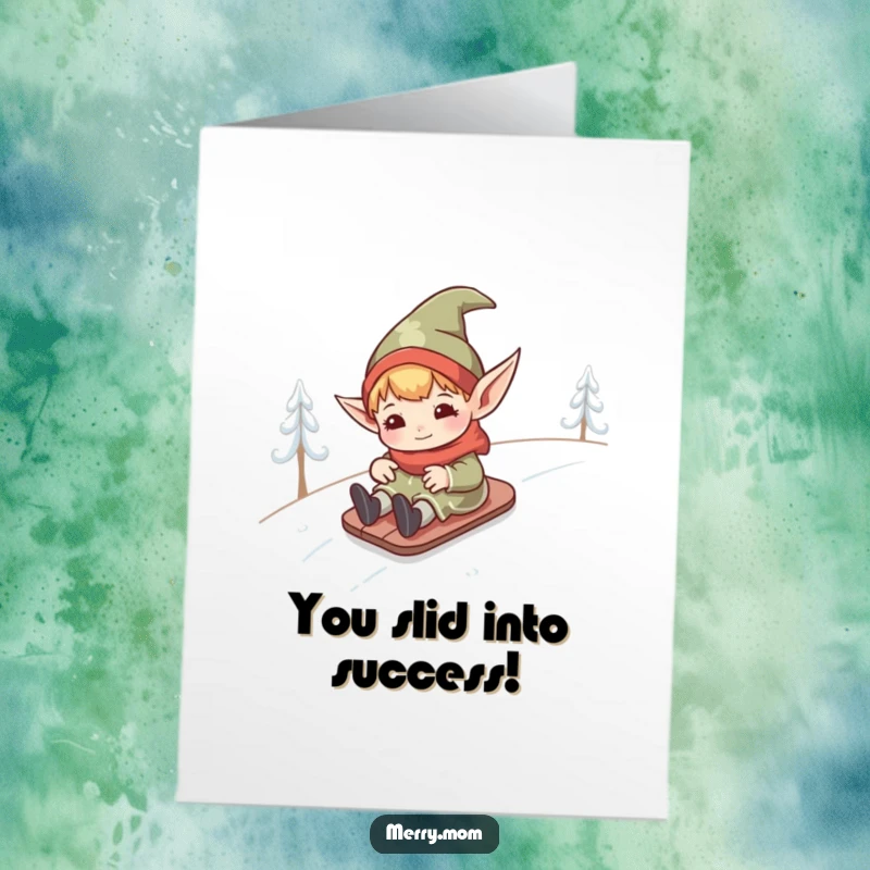 Free Printable Congratulations Card: Kawaii elf with pointed ears humorously sliding down a snowy hill, celebrating your success.