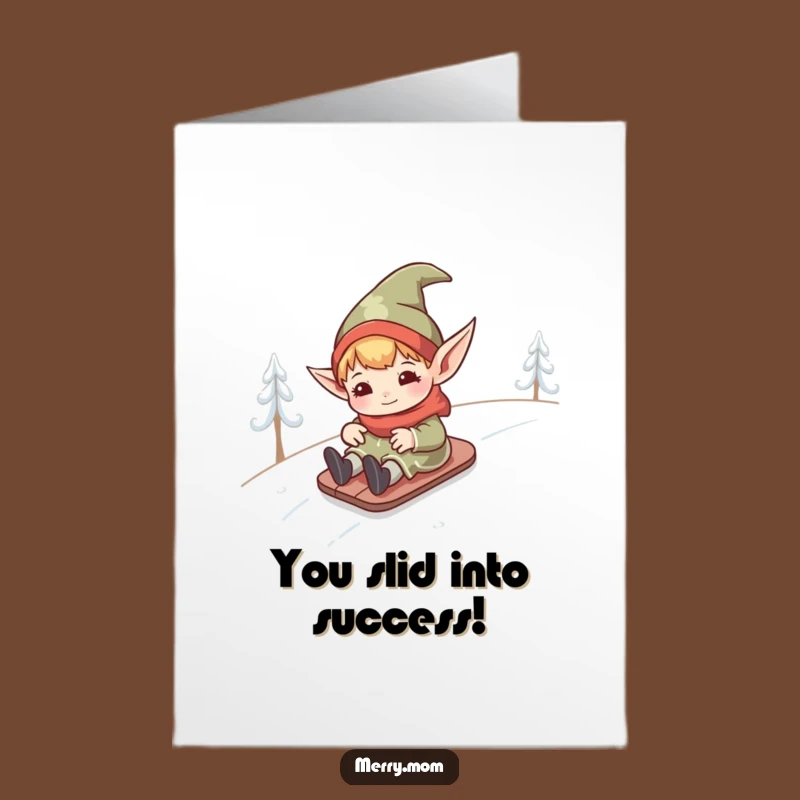 Free Printable Kawaii Elf Congratulations Card: Snowy Hill Slide Funny Download
