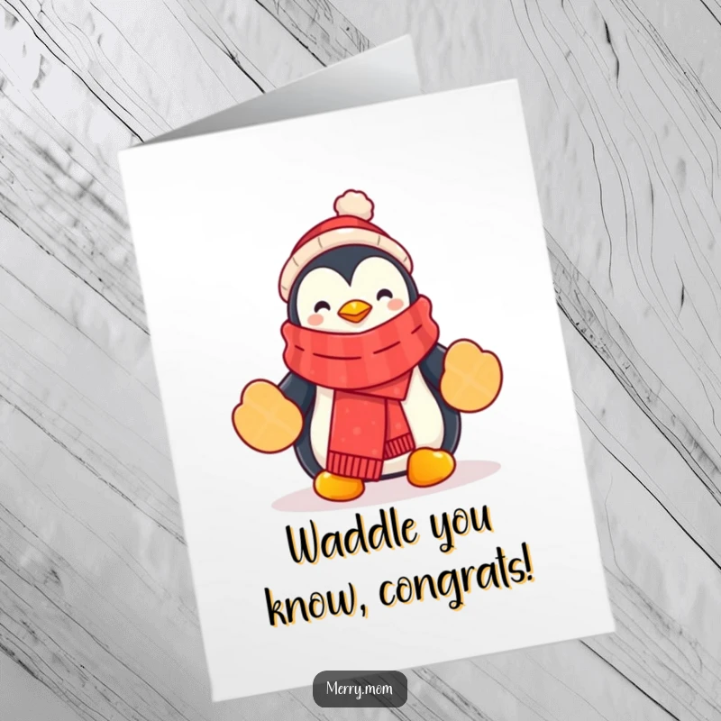 Funny Free Printable Penguin Congratulations Card: Adorable penguin in scarf and mittens, celebrating success with flair.