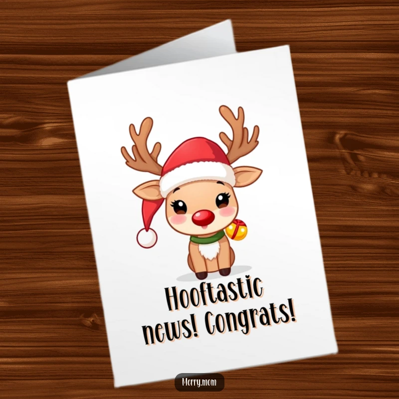 Funny Free Printable Reindeer Congratulations Card: Cute reindeer in Santa hat, jingle bells, perfect for celebrating exciting news.