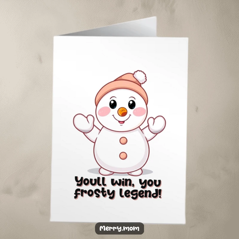 Funny Free Printable Congrats Card: Smiling snowman with carrot nose, waving a mittened hand in celebration.