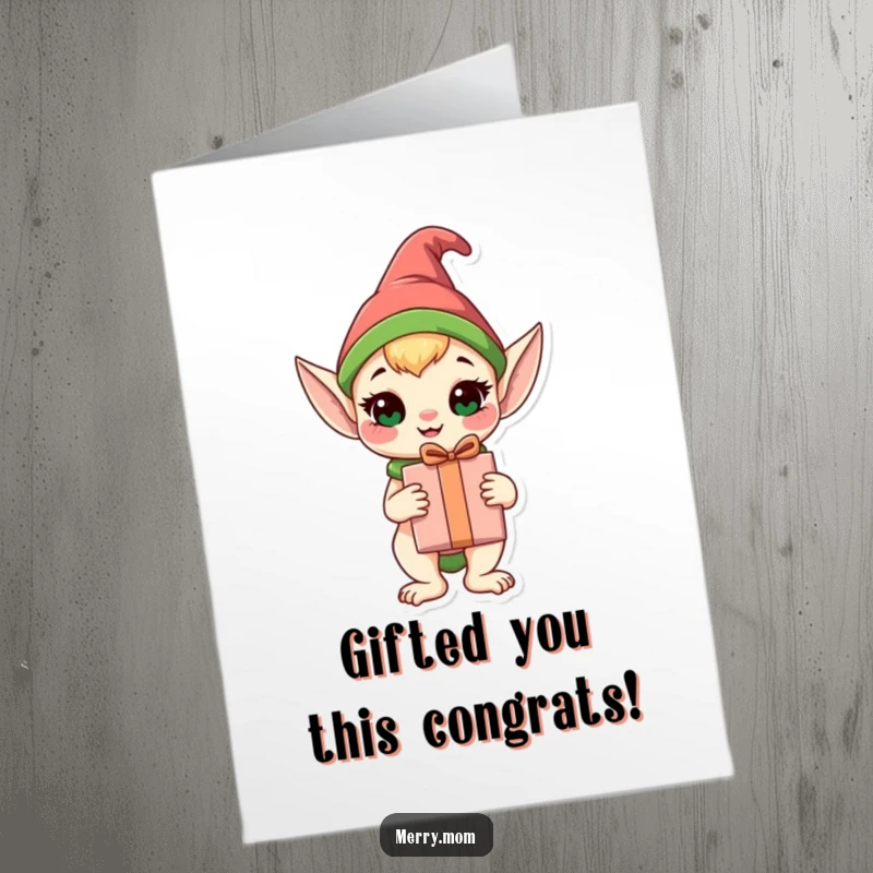 Funny Free Printable Elf Animal Congratulations Card: Happy elf animal carrying a wrapped gift, ideal for celebrating achievements.