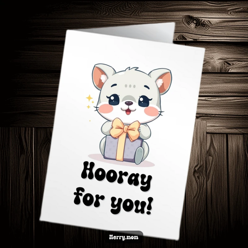 Funny Free Printable Congrats Card: Animal with wide, sparkling eyes joyfully opening a gift box.