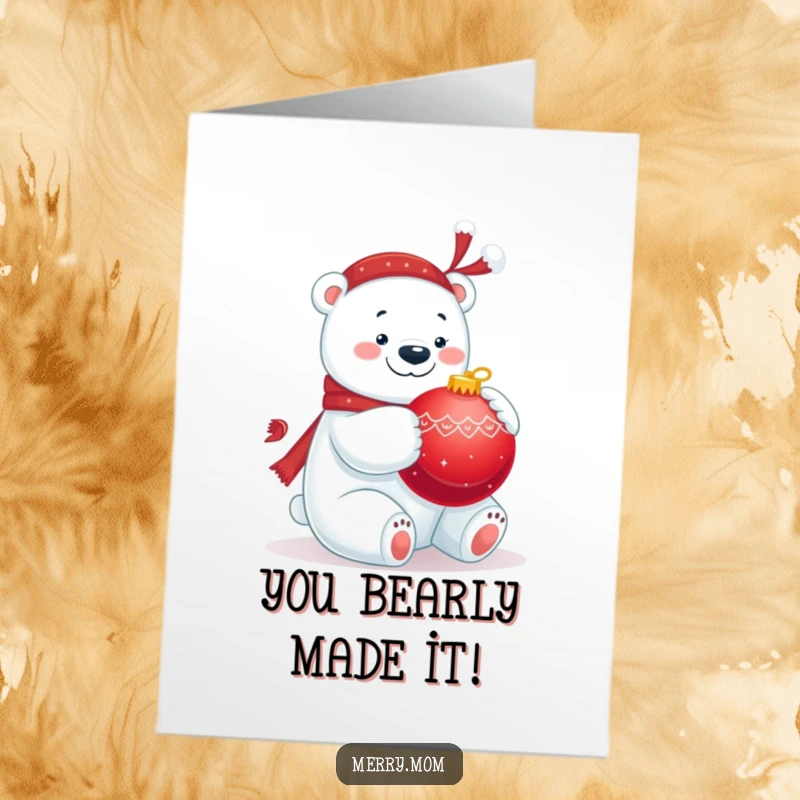 Funny Free Printable Congratulations Card: A jolly polar bear embraces a big, red ornament to celebrate your success.