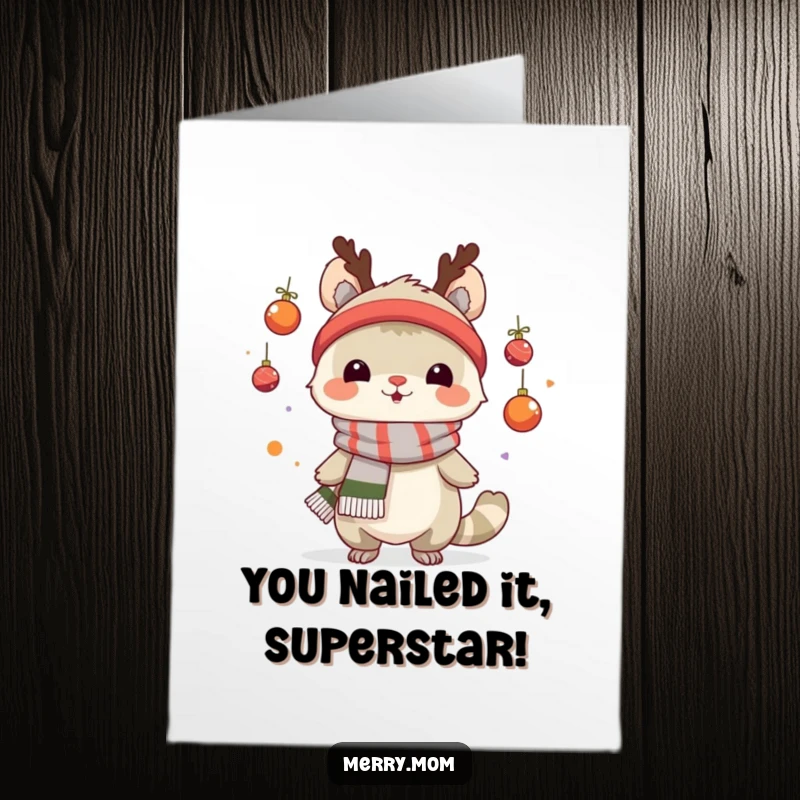 Funny Free Printable Congrats Card: A creature in a festive scarf skillfully juggling small ornaments.