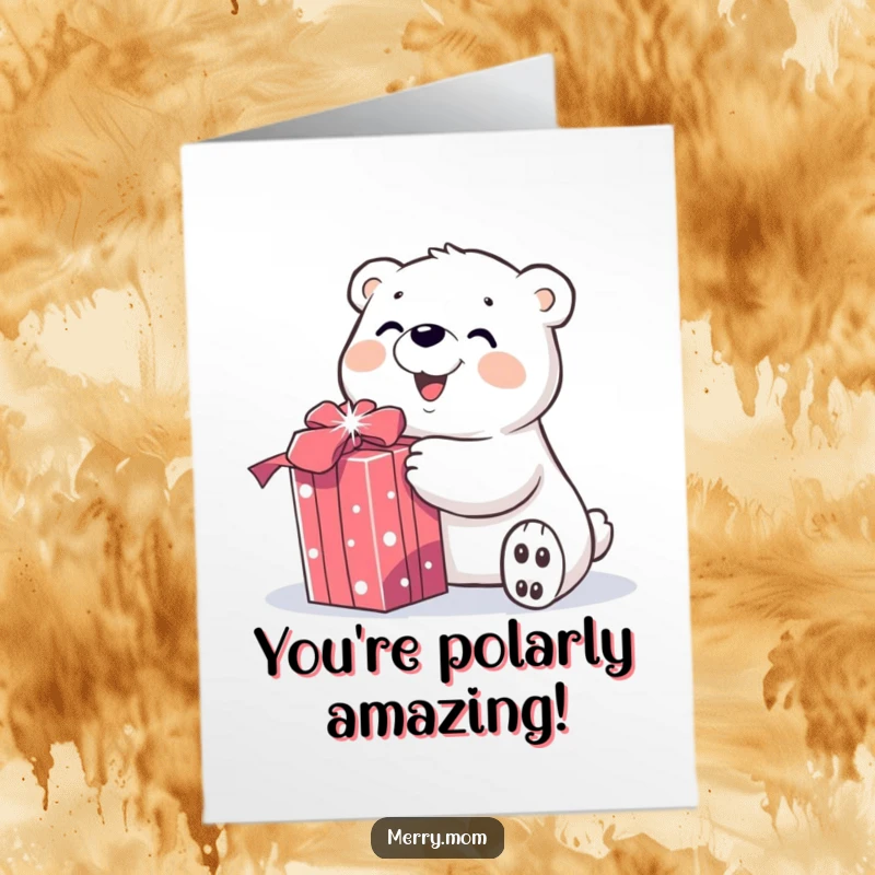 Festive Free Printable Congratulations Card: A smiling polar bear gleefully unwraps a sparkly gift, celebrating a wonderful occasion.