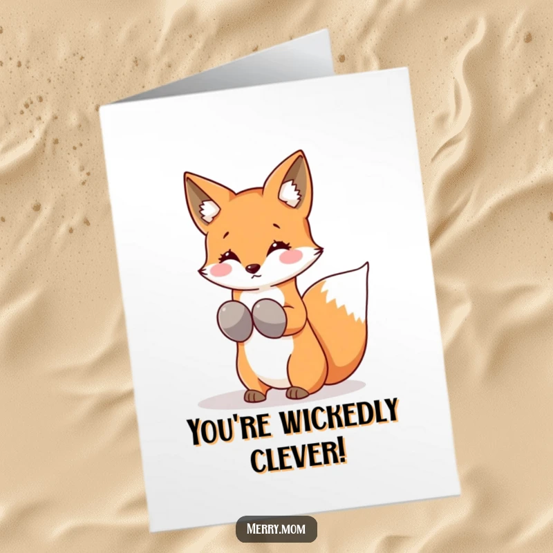 Funny Free Printable Congratulations Card: Kawaii fox wearing mittens, shaking snowflakes, celebrating a cool achievement.