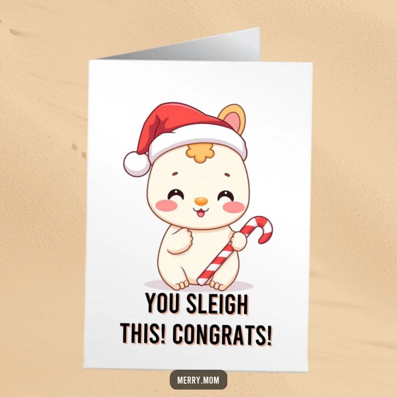Free Printable Congratulations Card of a cheerful animal in a Santa hat holding a candy cane, celebrating success