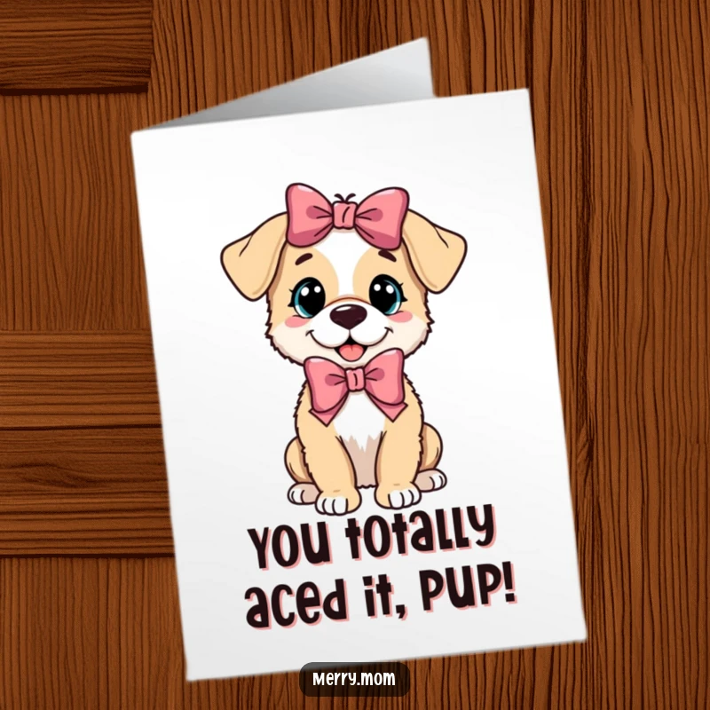 Free Printable Congratulations Card: A playful puppy wears a festive bow, symbolizing happy achievements.