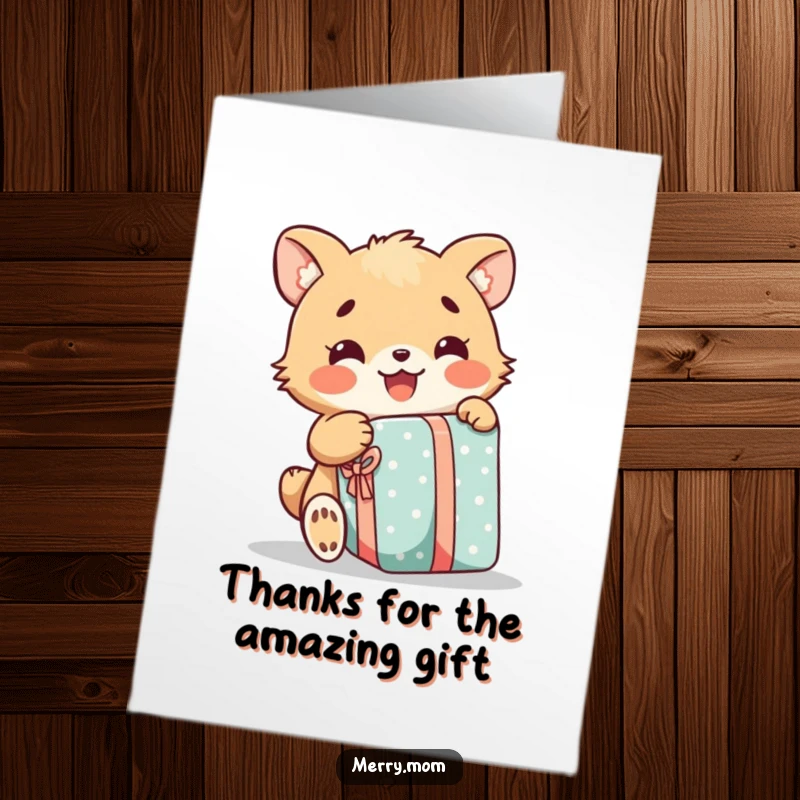 Funny Free Printable Thank You Card: A happy animal excitedly unwrapping a present, a downloadable token of thanks.