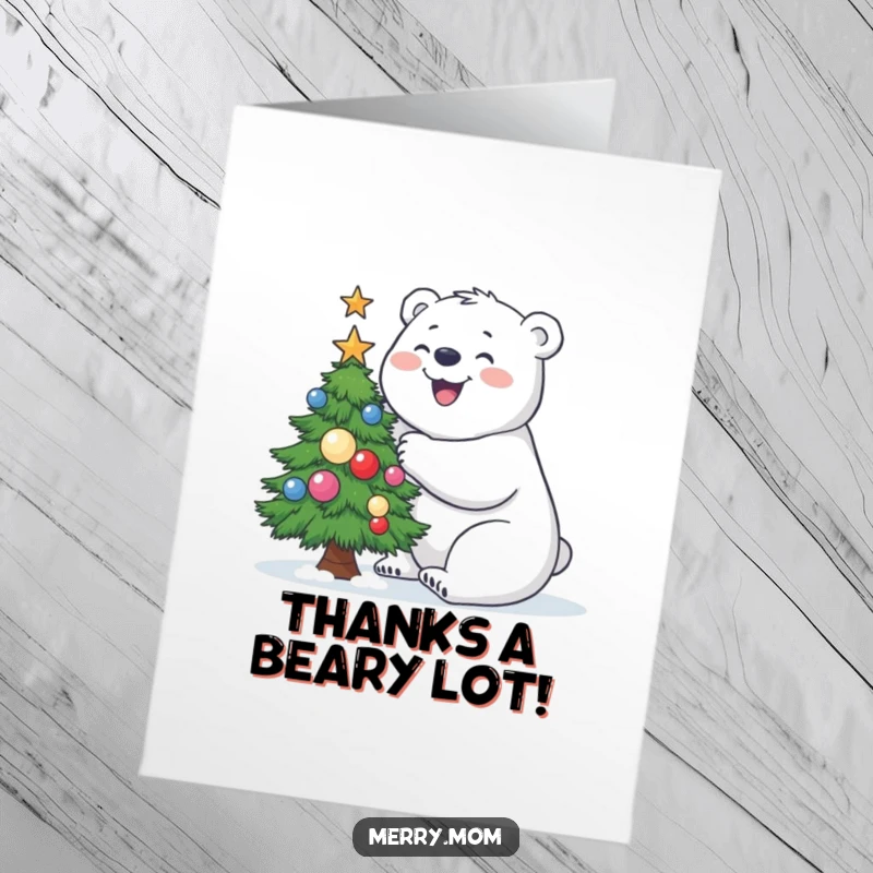 Funny Free Printable Polar Bear Thank You Card: Joyful polar bear decorating a tree, expressing thanks with a smile.