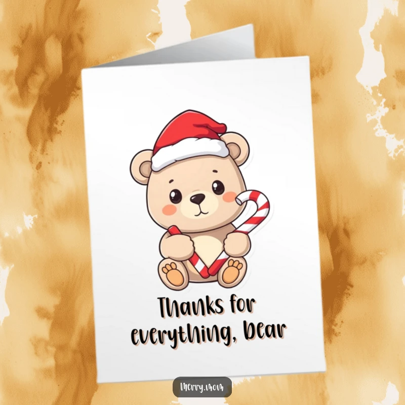 Free Printable Santa Bear Thank You Card: A cuddly bear wearing a Santa hat holds a candy cane, a sweet thank you.
