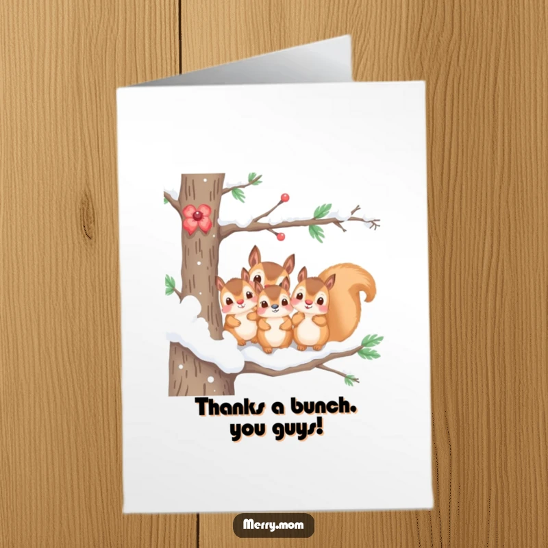 Funny Free Printable Thank You Card: Kawaii squirrel family on a snowy branch, expressing thanks with cuteness.