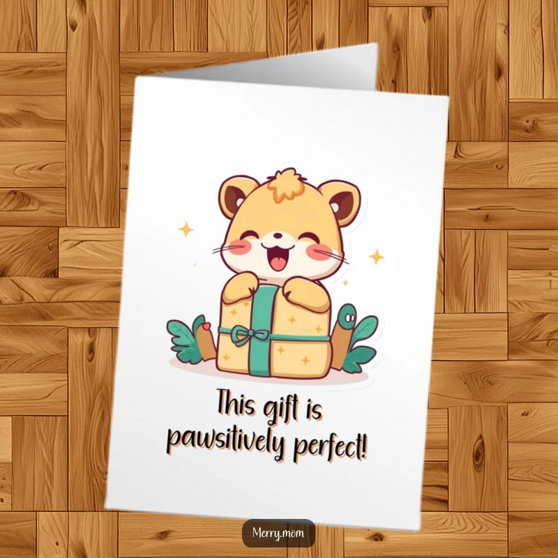 Enthusiastic free printable thank you card of a happy animal tearing into a present with infectious excitement and joy.