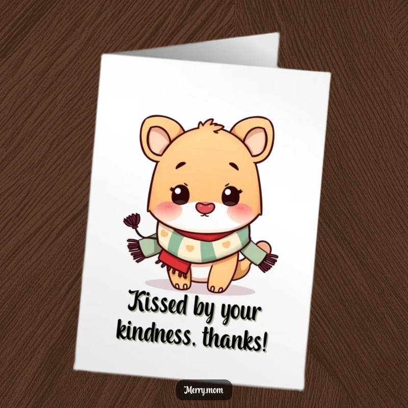 Funny Free Printable Thank You Card: Adorable animal wearing a scarf blowing a kiss, a delightful downloadable way to say thanks.