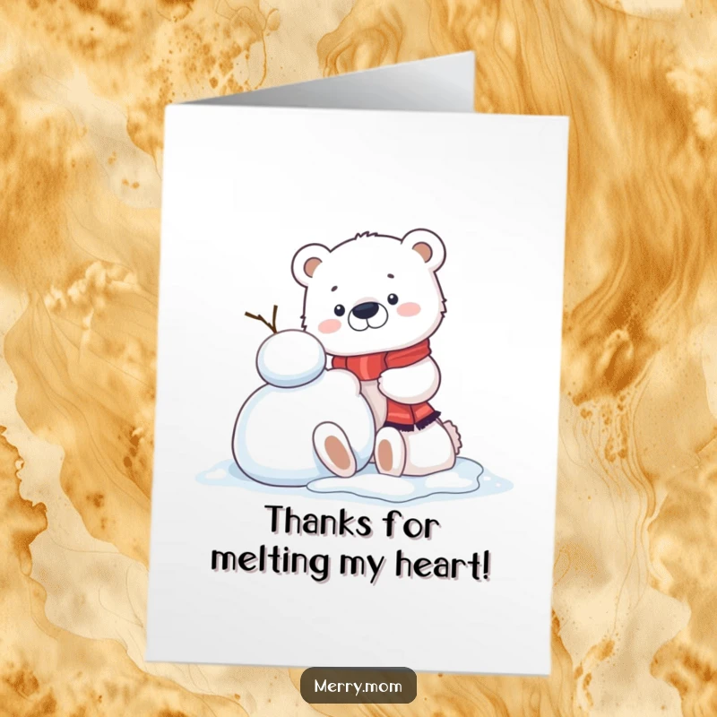 Funny Free Printable Thank You Card: Kawaii polar bear cub building a snowman, offering cool thanks.