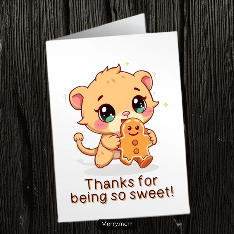 Funny free printable thank you card: a cute creature with wide, sparkling eyes enthusiastically chases a naughty gingerbread cookie.