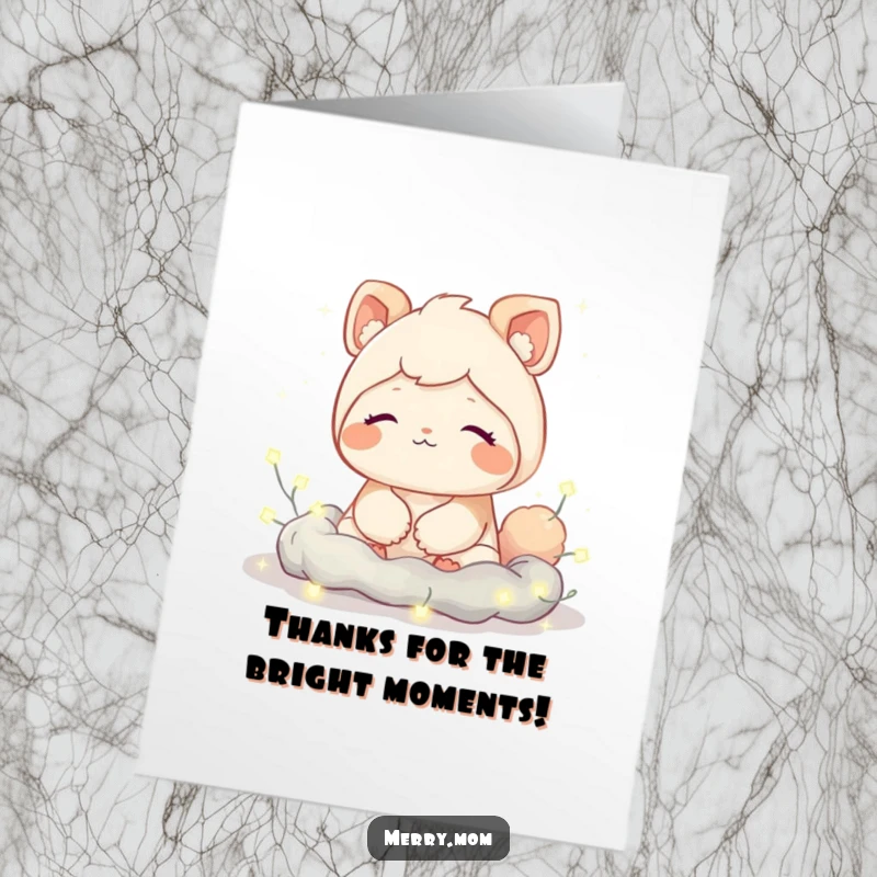 Funny free printable thank you card: a cute creature with a sigh of contentment is surrounded by softly twinkling fairy lights.