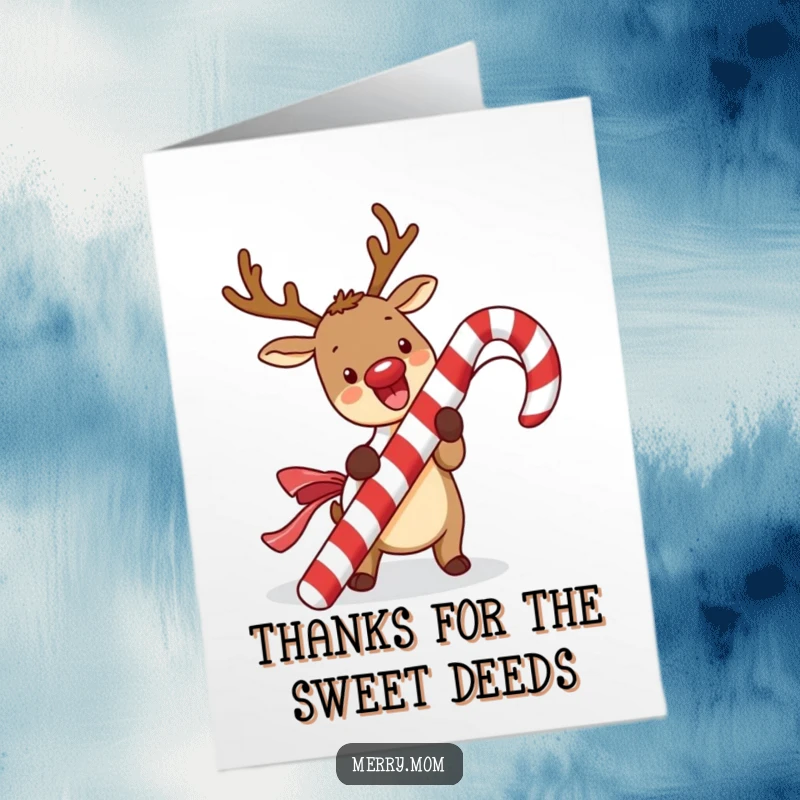Funny Free Printable Thank You Card featuring a cute kawaii reindeer unwrapping a candy cane happily.