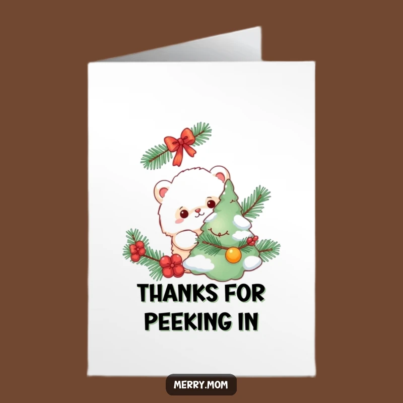 Free Printable Thank You Card: Fluffy Creature Tree Peek Funny Downloadable Gift