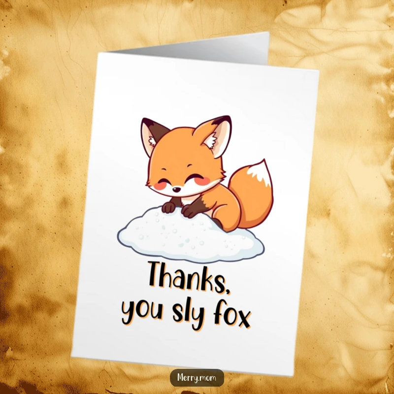 Cute Free Printable Thank You Card: Kawaii fox digging happily in sparkling snow, conveying thanks with a joyful action.