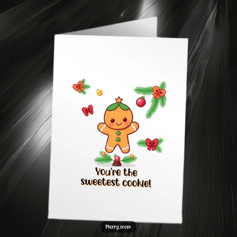 Funny Free Printable Thank You Card: A cheerful gingerbread man character decorating a festive tree, showing appreciation.