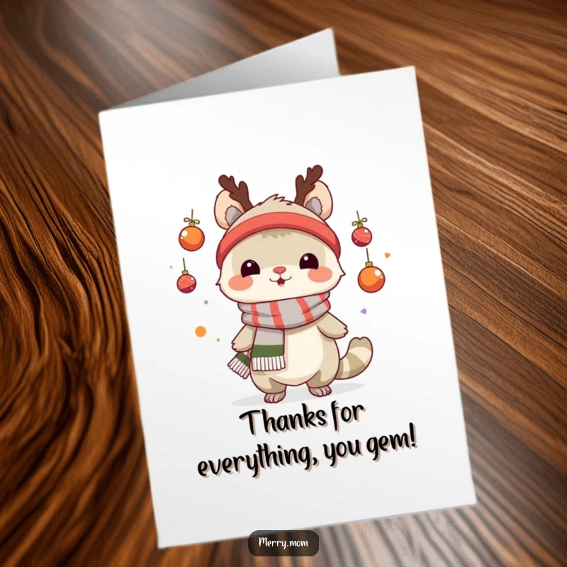 Funny Free Printable Thank You Card: A creature sporting a festive scarf, juggling ornaments with a happy grin.