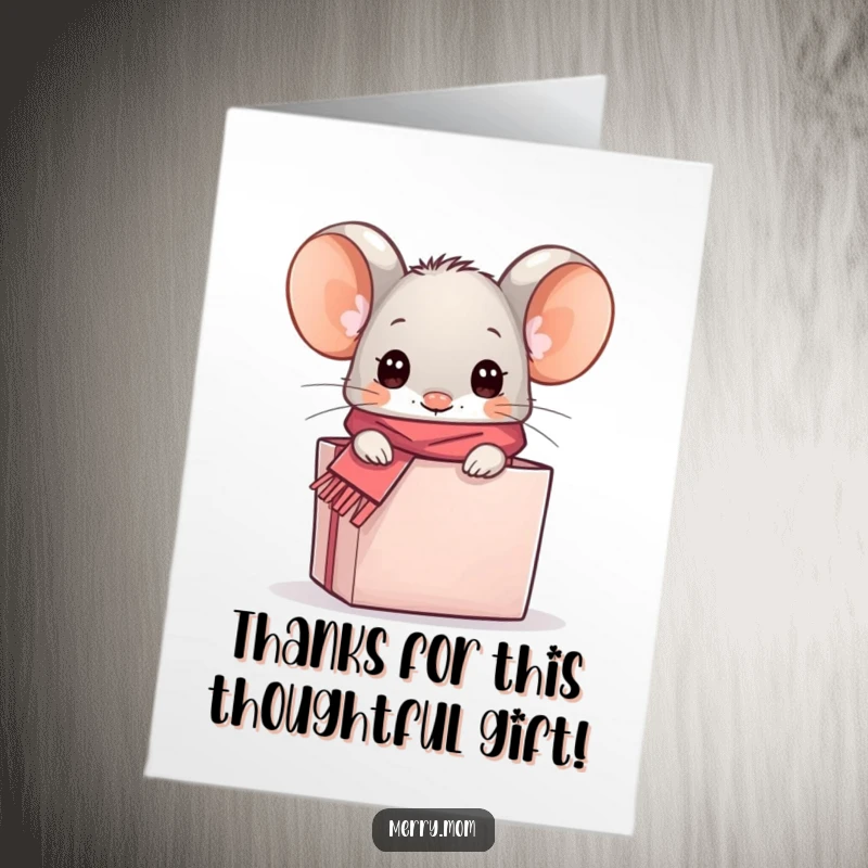Funny Free Printable Thank You Card: A kawaii mouse in a scarf peeks from a gift box, offering thanks.