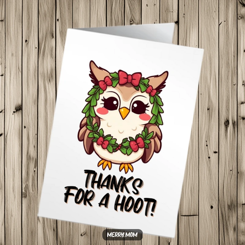 Funny Free Printable Thank You Card: Kawaii owl adorned with a festive wreath, hooting happily, expressing thanks.