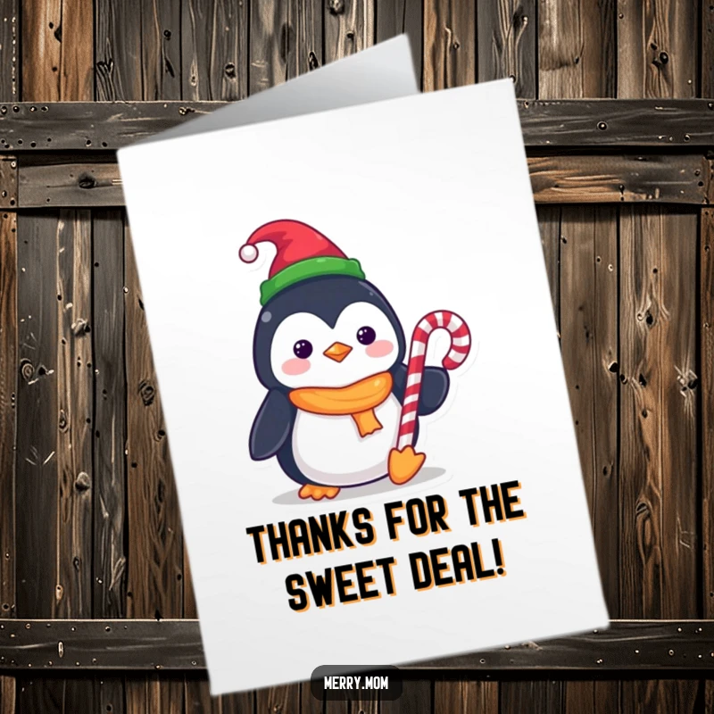 Funny Free Printable Thank You Card: Kawaii penguin in elf hat holding a candy cane offering thanks.