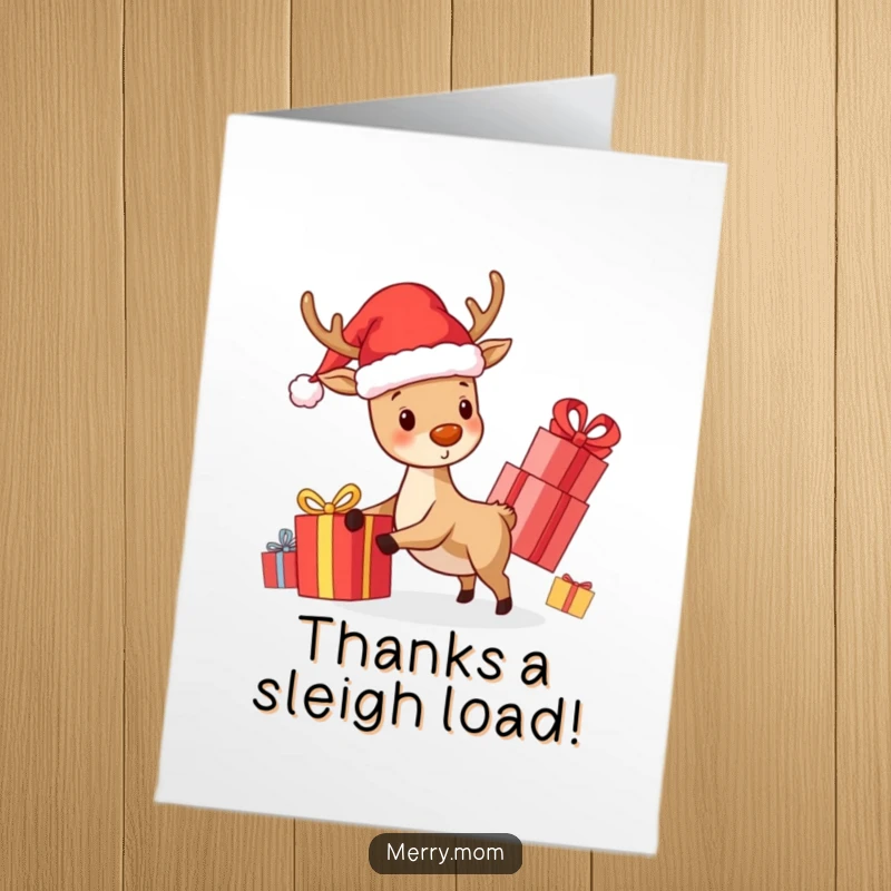 Funny Free Printable Thank You Card: Kawaii reindeer in Santa hat, joyfully delivering thanks with presents.