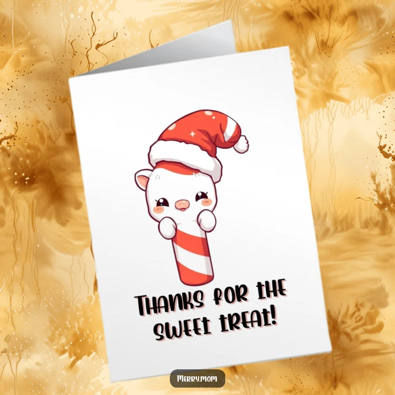 Funny free printable thank you card: a cute creature in a Santa hat peeking playfully behind a festive candy cane.