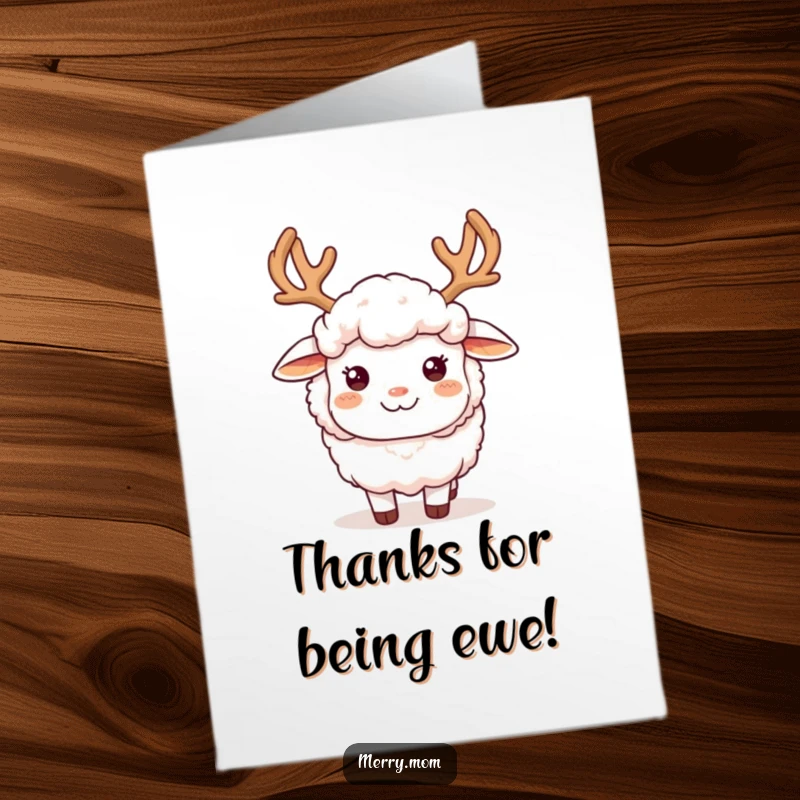 Funny Free Printable Thank You Card featuring a fluffy sheep wearing comical reindeer antlers, expressing gratitude.