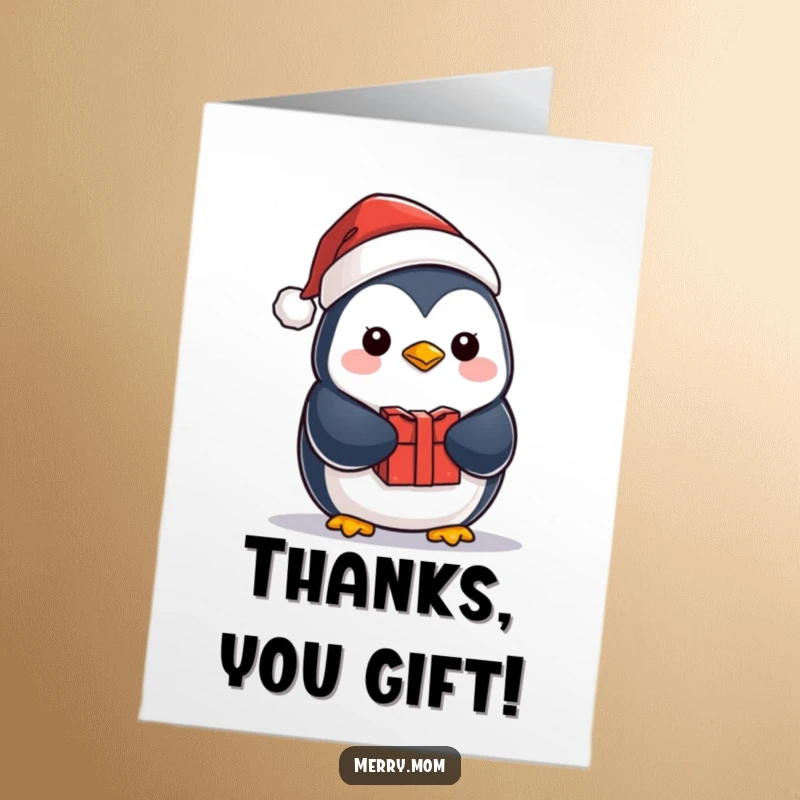 Funny Free Printable Thank You Card: Kawaii penguin wearing a Santa hat, presenting a gift with thanks.