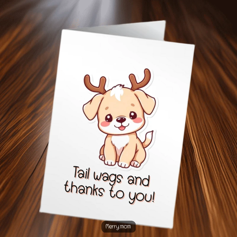 Funny Free Printable Thank You Card: A kawaii puppy with antlers excitedly wags its tail, saying thank you.