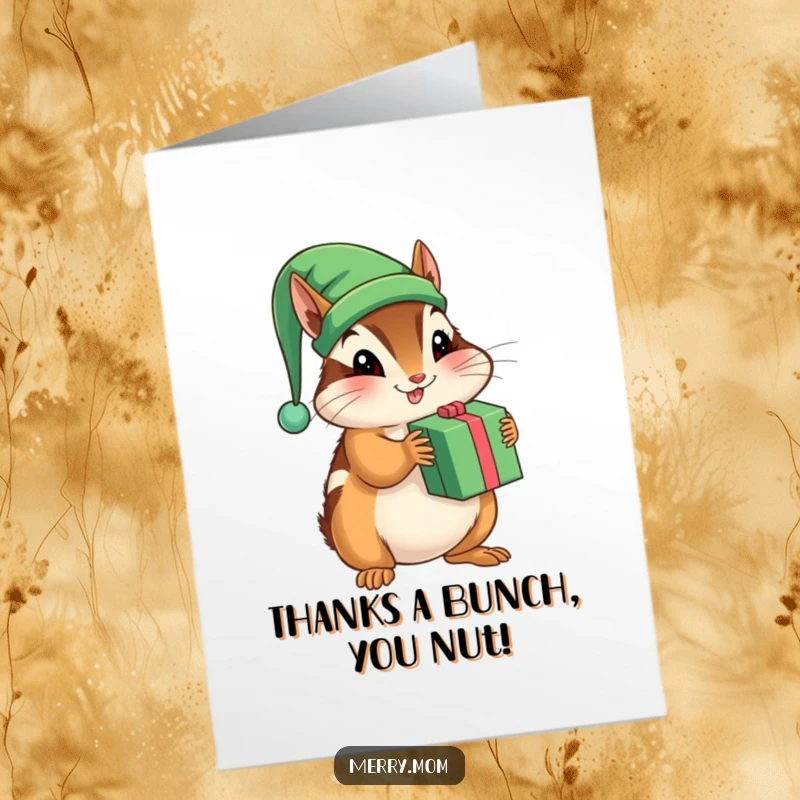 Funny Free Printable Chipmunk Elf Thank You Card: A chipmunk elf happily shaking a present, a fun way to express thanks.