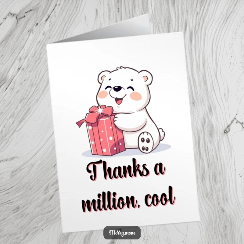 Festive Free Printable Thank You Card: A smiling polar bear happily unwraps a sparkly gift, expressing thanks with pure delight.