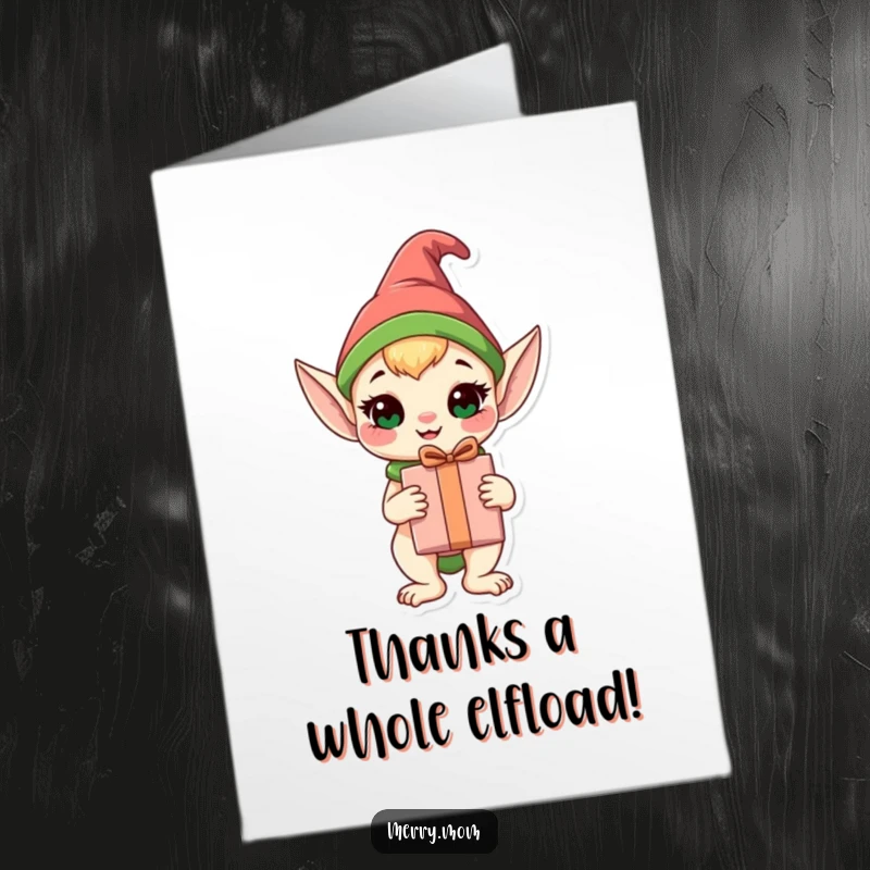 Funny Free Printable Elf Animal Thank You Card: Cheerful elf animal offering a wrapped gift, perfect for expressing thanks.