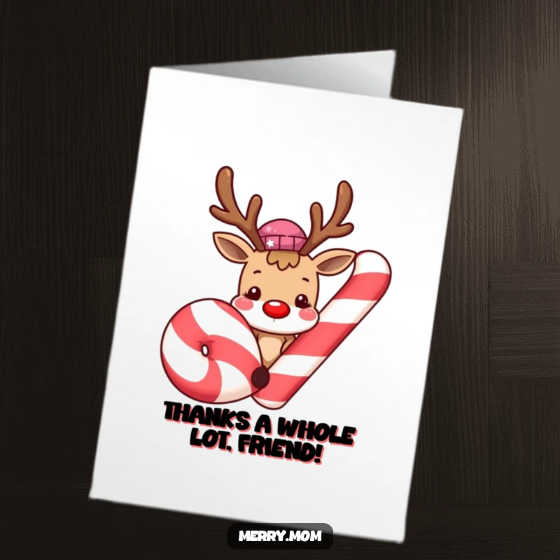 Funny Free Printable Thank You Card: Cute smiling reindeer peeking from behind a giant candy cane, expressing thanks.