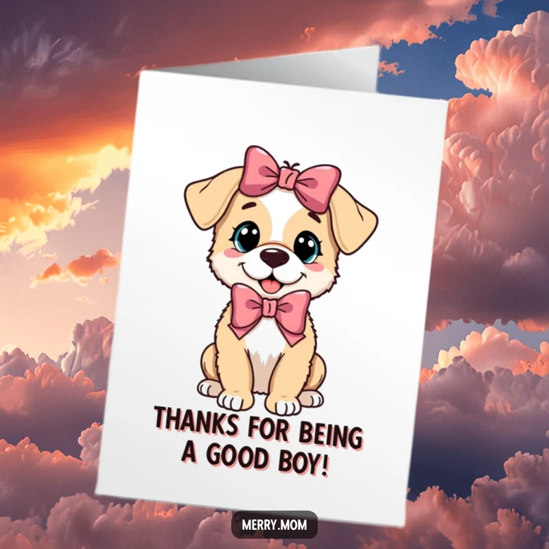 Cute Free Printable Thank You Card: A playful puppy wearing a festive bow, conveying sincere thanks.