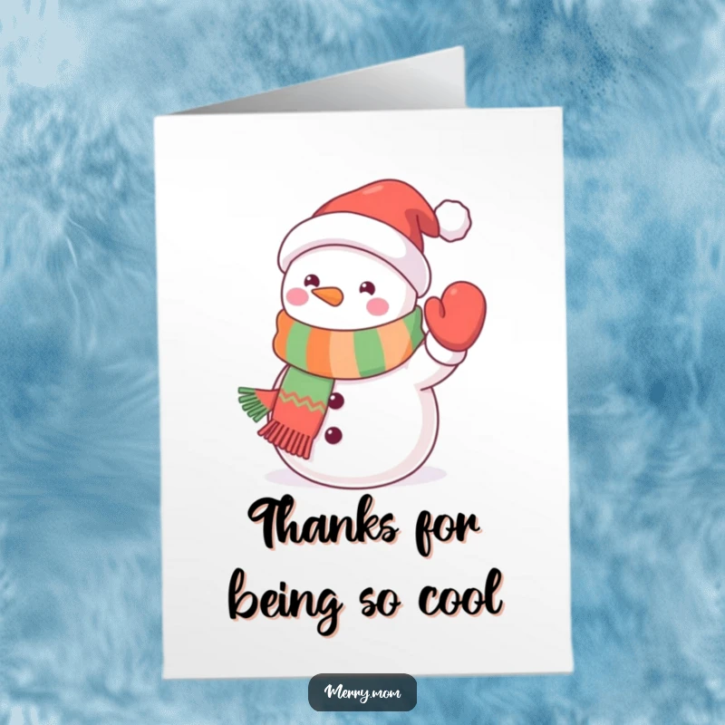 Funny Free Printable Thank You Card of a kawaii snowman wearing a scarf and waving.