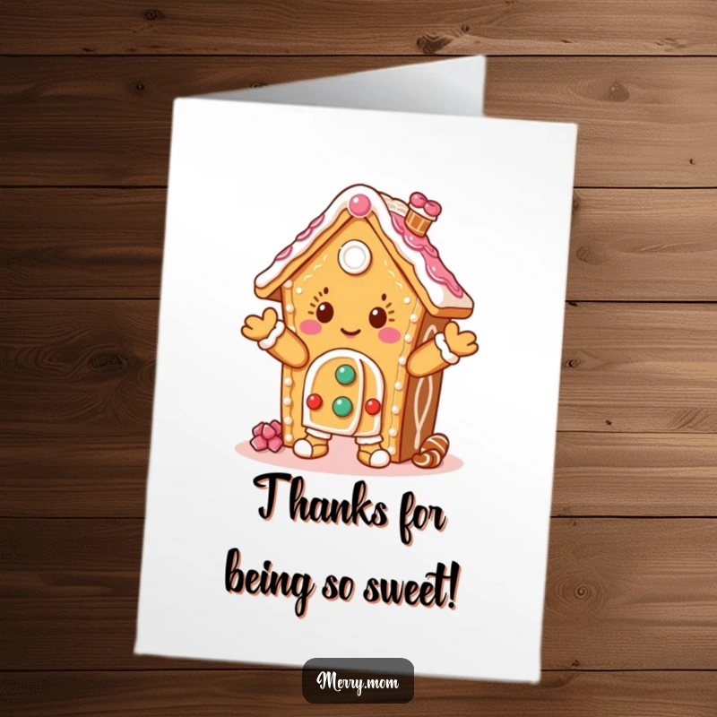 Free Printable Thank You Card: A happy gingerbread house character adorned with icing, giving thanks with a dance.