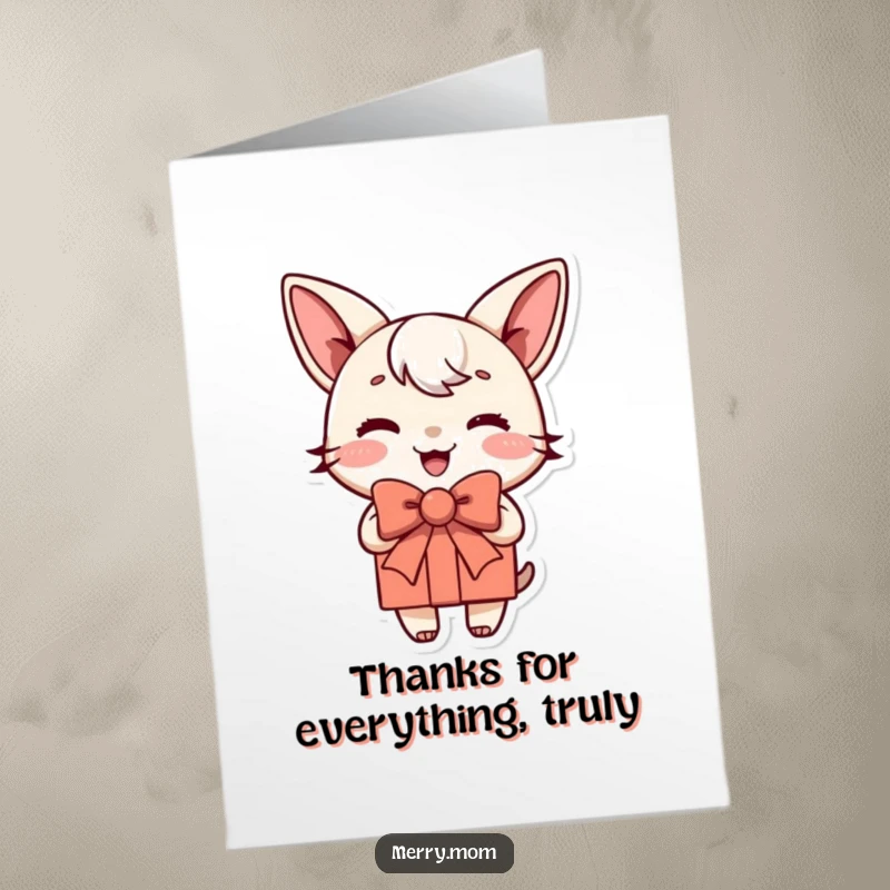 Free Printable Thank You Card: A happy gift package character with a jaunty bow, expressing thanks with a funny pose.