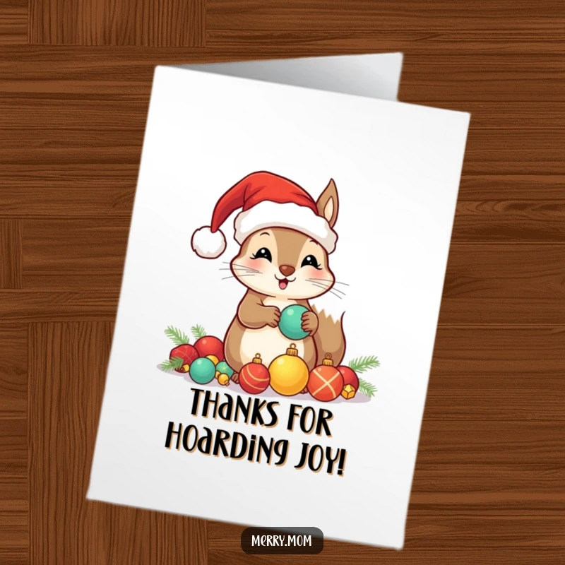 Funny Free Printable Thank You Card: Kawaii squirrel in Santa hat hoarding ornaments, conveying thanks joyfully.