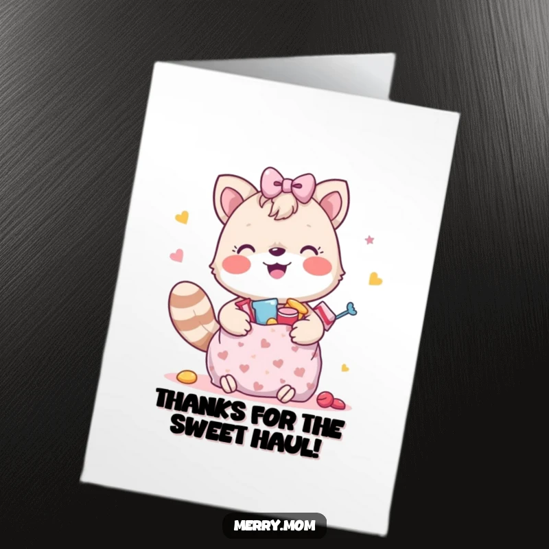 Funny free printable thank you card featuring a happy animal offering a gift bag overflowing with treats, a delightful way to say thanks.