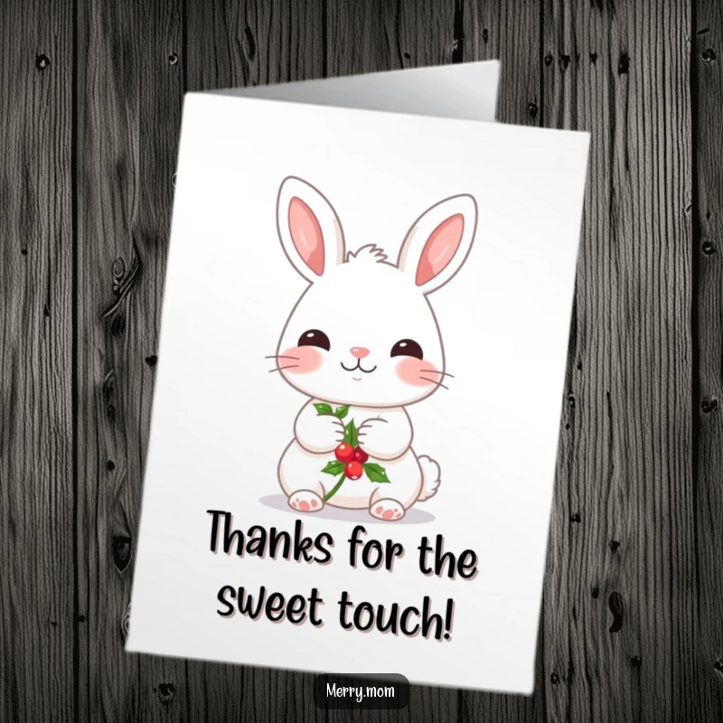 Funny Free Printable Thank You Card: Kawaii bunny with rosy cheeks holding holly, expressing thanks kindly.