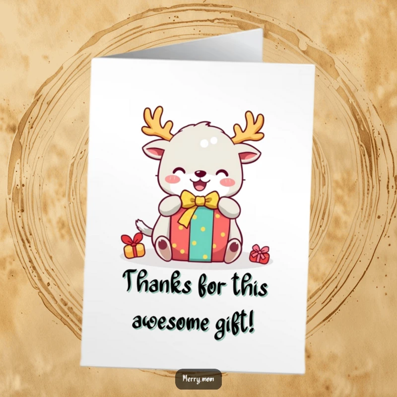 Funny free printable thank you card: a cute creature with festive antlers gleefully unwraps a colorful present.