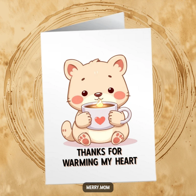 Sweet free printable thank you card of an adorable animal holding a warm cup of cocoa, emanating a gentle, inviting glow.
