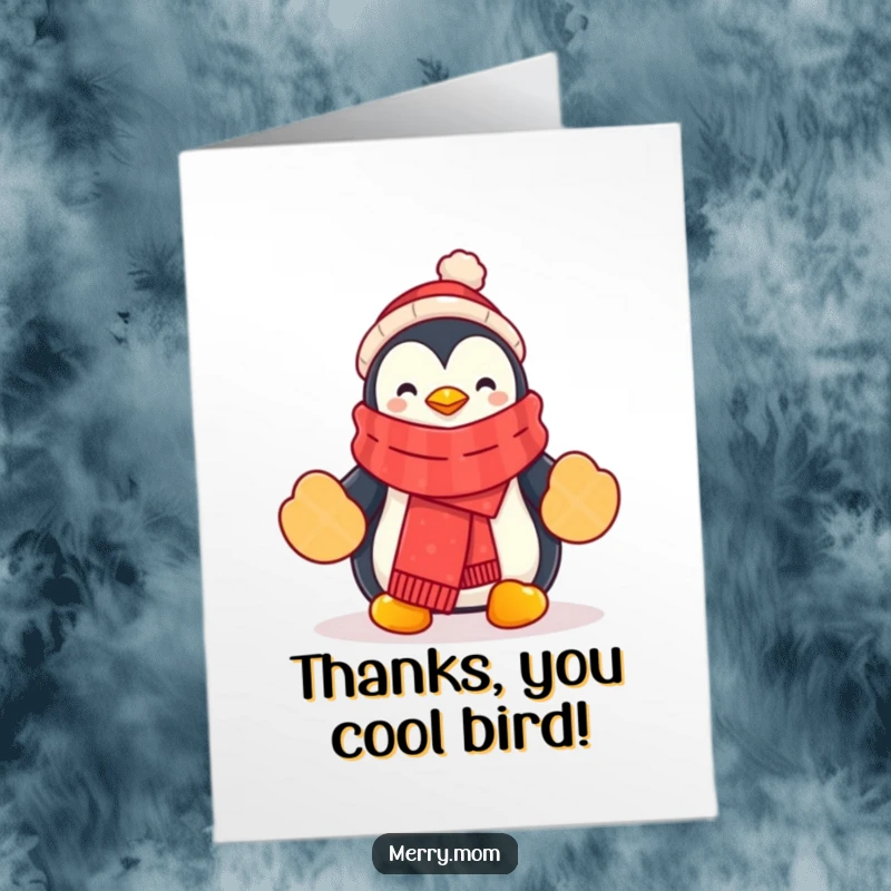 Funny Free Printable Penguin Thank You Card: Cheerful penguin in festive scarf and mittens, conveying thanks playfully.