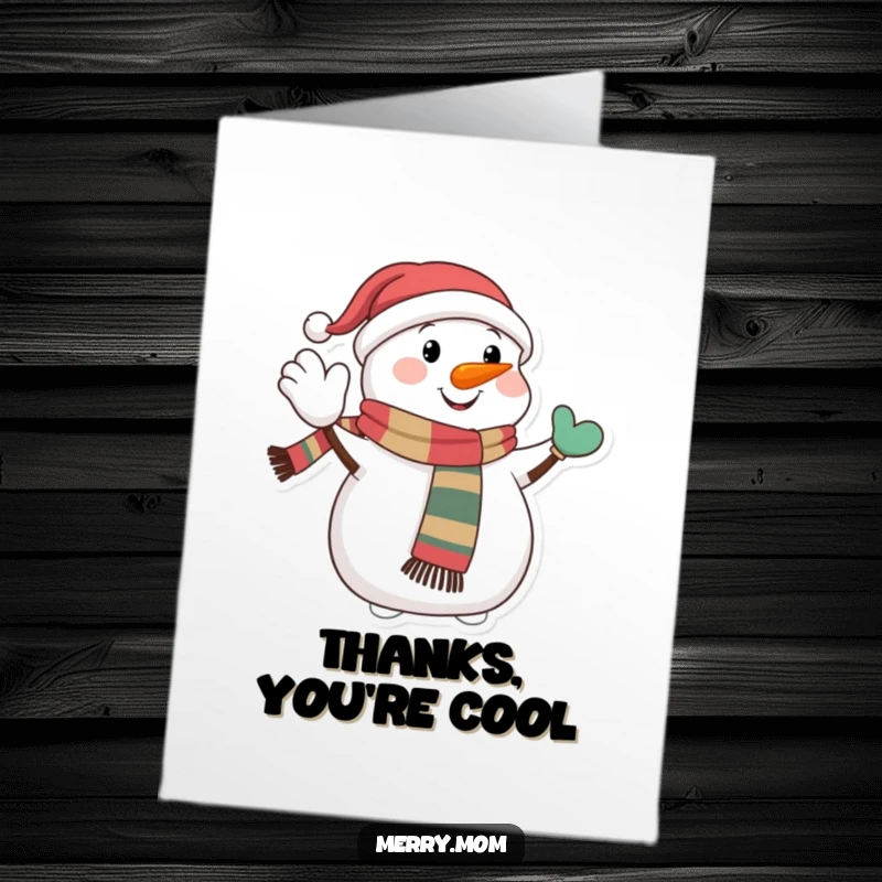 Festive Free Printable Thank You Card: A happy snowman in a festive scarf gives a jolly wave, conveying thanks.